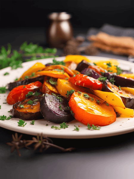 A single serving of roasted rainbow vegetables on a white plate, garnished with fresh herbs.