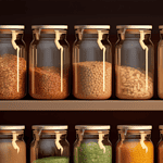 A well-organized pantry shelf, filled with colorful jars and containers of gluten-free and vegan staples (flours, grains, nuts, seeds, spices).