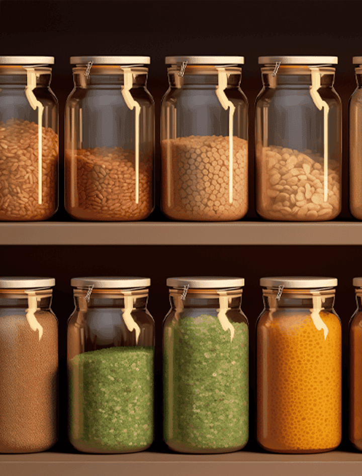 A well-organized pantry shelf, filled with colorful jars and containers of gluten-free and vegan staples (flours, grains, nuts, seeds, spices).
