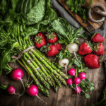 A vibrant collage of fresh spring produce: asparagus, radishes, leafy greens, strawberries, and other seasonal fruits and vegetables.