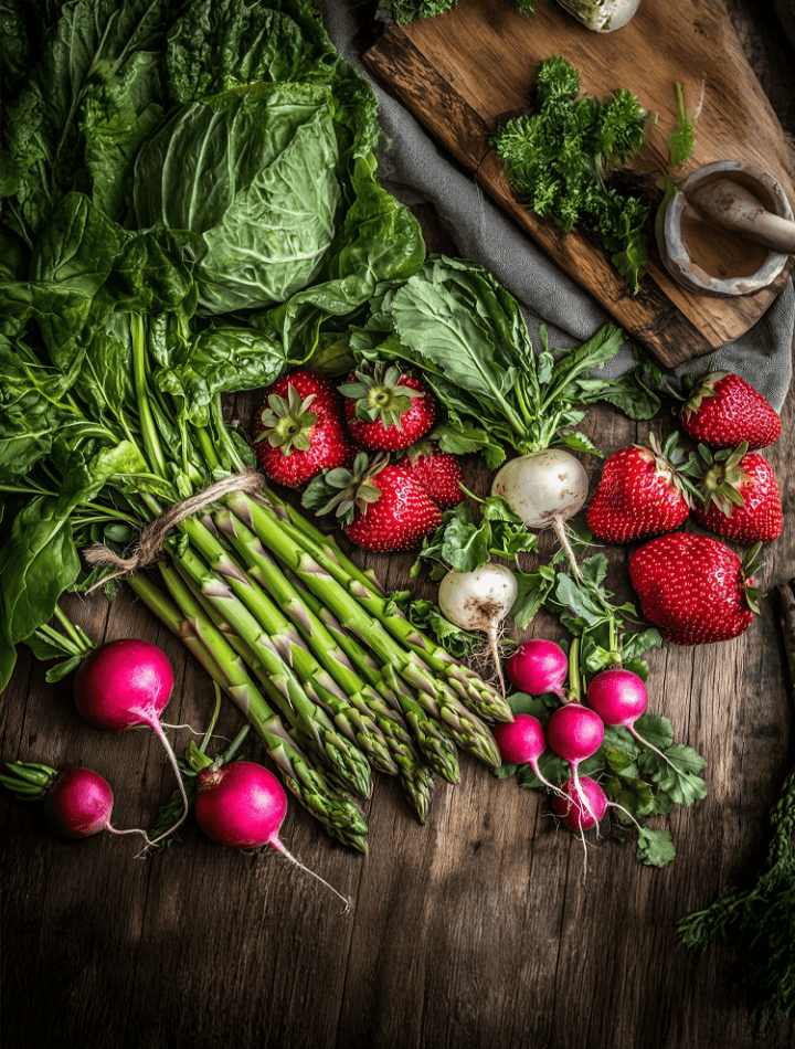 A vibrant collage of fresh spring produce: asparagus, radishes, leafy greens, strawberries, and other seasonal fruits and vegetables.