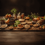 A rustic wooden table laden with a colorful assortment of naturally gluten-free foods: fresh fruits and vegetables, nuts and seeds, grains like quinoa and rice, legumes, and gluten-free products like bread and pasta.