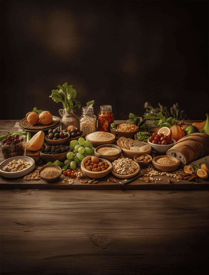 A rustic wooden table laden with a colorful assortment of naturally gluten-free foods: fresh fruits and vegetables, nuts and seeds, grains like quinoa and rice, legumes, and gluten-free products like bread and pasta.