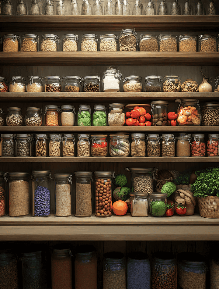 A beautifully organized pantry shelf filled with a variety of colorful gluten-free and vegan staples. Jars of flours, cans of beans, bags of nuts and seeds, spices in labeled containers, fresh fruits and vegetables.
