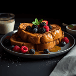 Crispy Gluten-Free Vegan French Toast on a plate with fruit on top