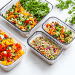 A bright and vibrant flat lay of gluten-free vegan meal prep containers filled with colorful spring ingredients
