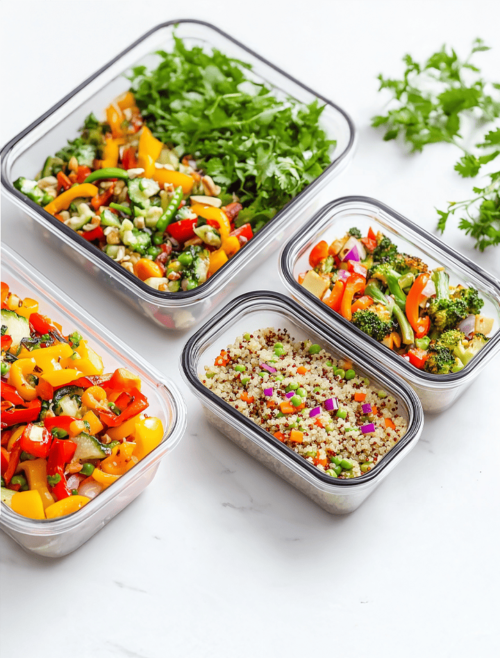 A bright and vibrant flat lay of gluten-free vegan meal prep containers filled with colorful spring ingredients