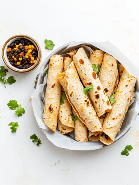 flat lay food photo of assembled taquitos on a parchment-lined air fryer basket, ready to cook. Include a small bowl of black bean filling and a pile of corn tortillas