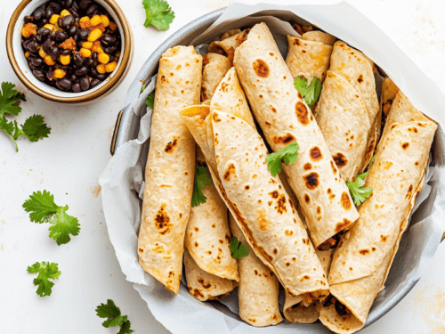 flat lay food photo of assembled taquitos on a parchment-lined air fryer basket, ready to cook. Include a small bowl of black bean filling and a pile of corn tortillas