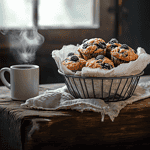 vegan gluten-free berry muffins piled casually in a vintage wire basket lined with a simple linen cloth, set on a rustic farmhouse table, a steaming mug of coffee nearby