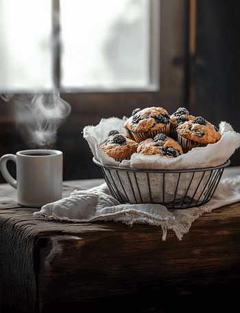 vegan gluten-free berry muffins piled casually in a vintage wire basket lined with a simple linen cloth, set on a rustic farmhouse table, a steaming mug of coffee nearby