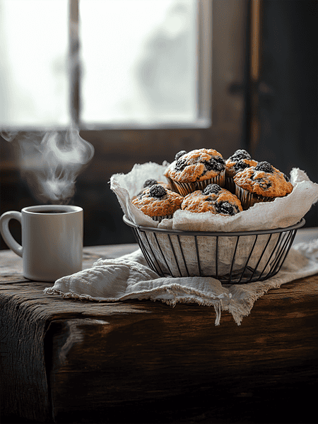 vegan gluten-free berry muffins piled casually in a vintage wire basket lined with a simple linen cloth, set on a rustic farmhouse table, a steaming mug of coffee nearby
