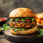 single vegan gluten-free sweet potato black bean burger inside a gluten free hamburger bun with ketchup and mustard sitting on a wooden cutting board. The burgers are golden brown and slightly crispy, with visible flecks of black beans, sweet potato, and carrots.