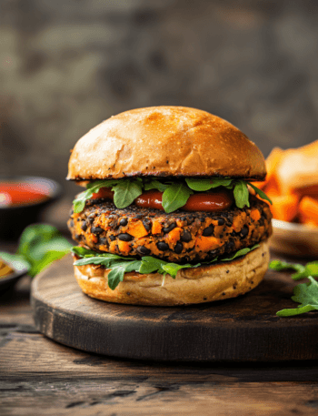 single vegan gluten-free sweet potato black bean burger inside a gluten free hamburger bun with ketchup and mustard sitting on a wooden cutting board. The burgers are golden brown and slightly crispy, with visible flecks of black beans, sweet potato, and carrots.