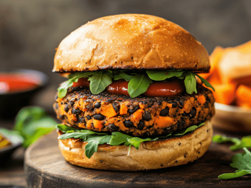 single vegan gluten-free sweet potato black bean burger inside a gluten free hamburger bun with ketchup and mustard sitting on a wooden cutting board. The burgers are golden brown and slightly crispy, with visible flecks of black beans, sweet potato, and carrots.