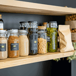 Clean, organized shot inside a well-lit pantry or on shelves, showcasing vegan & gluten-free staples