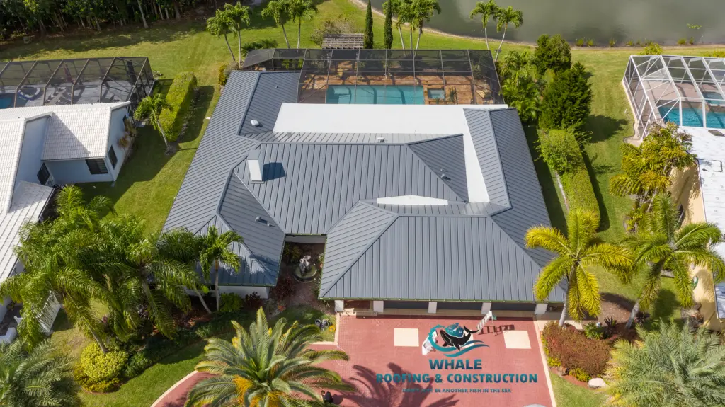 Metal Roofing Contractors 1 Aerial view of a house with a gray metal roof, surrounded by palm trees and neighboring homes. Logo for Whale Roofing & Construction is overlaid on the driveway.
