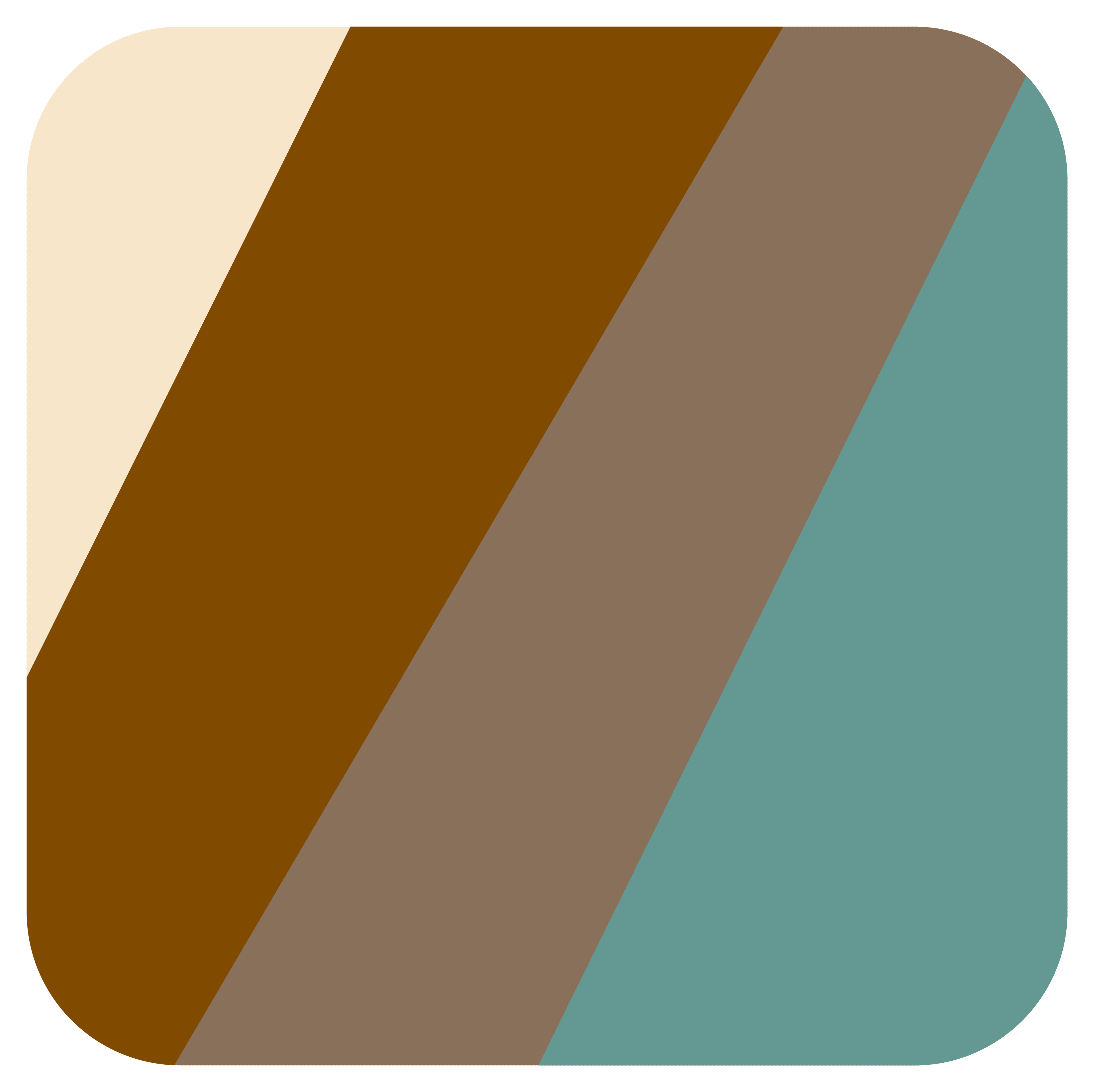 A square graphic with four diagonal stripes in cream, brown, taupe, and teal, bordered by a rounded white frame.