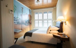 We offer eight guest rooms with queen beds and small ensuite baths. Some amenities include luxury bedding, flat-screen televisions, high-speed wireless internet, blackout shades, and our handcrafted Plainview Farm toiletries. We also provide filtered water and Nespresso makers in the kitchenette near the rooms and a small sitting area for reading or working. The kitchenette has a microwave, refrigerator drawer, and freezer drawer for use by guests. Nearby is a washer and dryer, also available for guest use.
