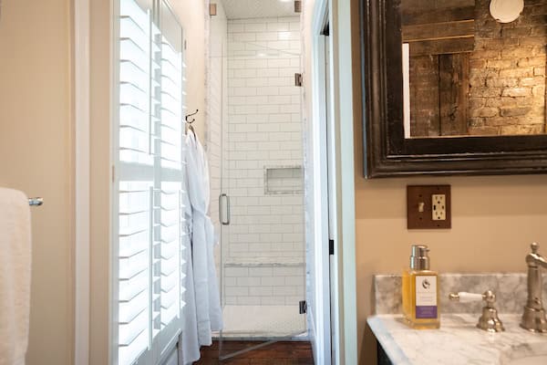 Full bath with a steam shower at the Hart House, a guest house at The Stanford Inn
