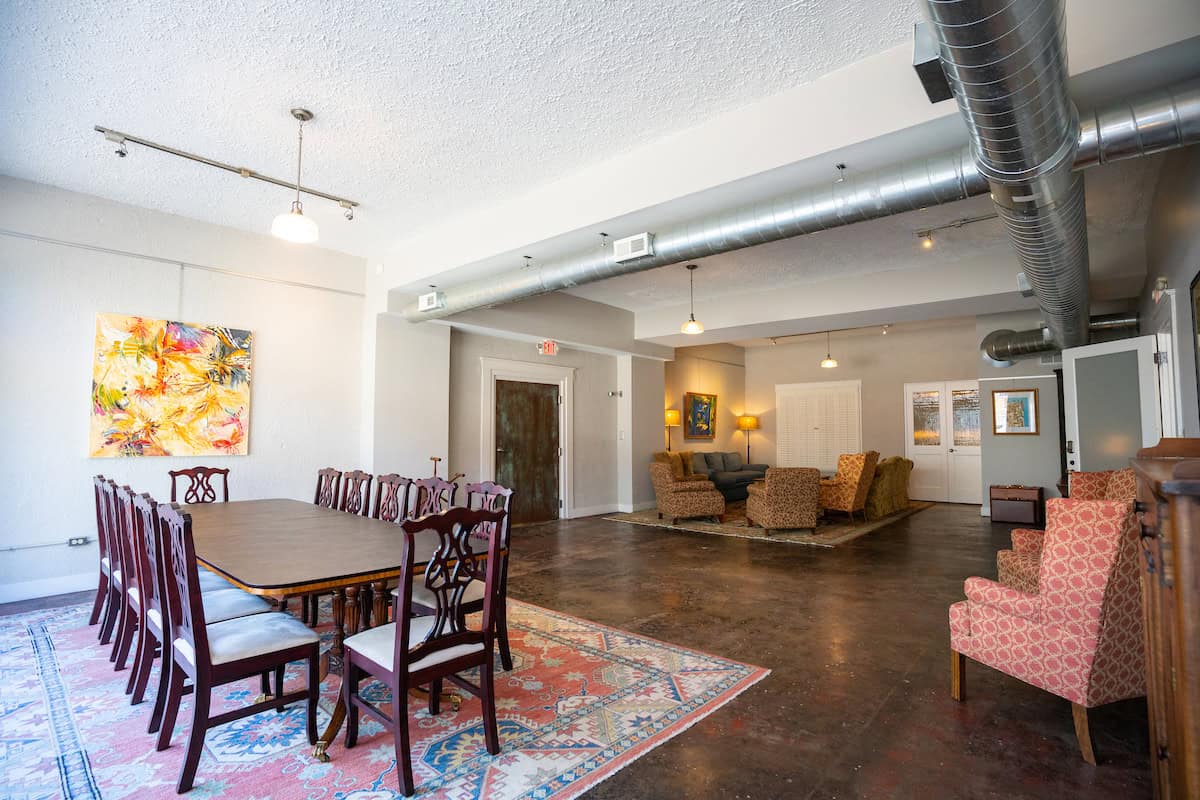 Comfortable seating and board meeting table option available for corporate retreat or meeting for guests of The Stanford Inn