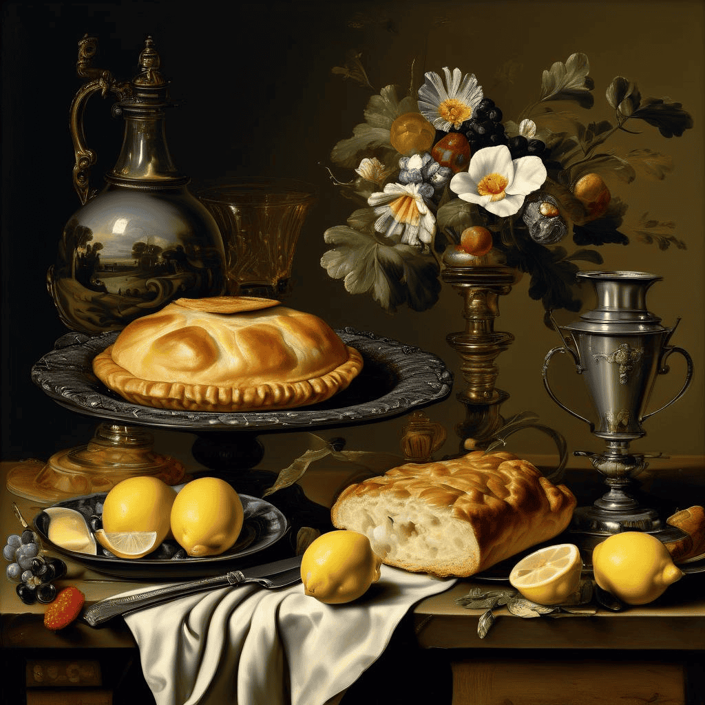 Breakfast Still Life with Roemer, Meat Pie, Lemon and Bread – Pieter Claesz