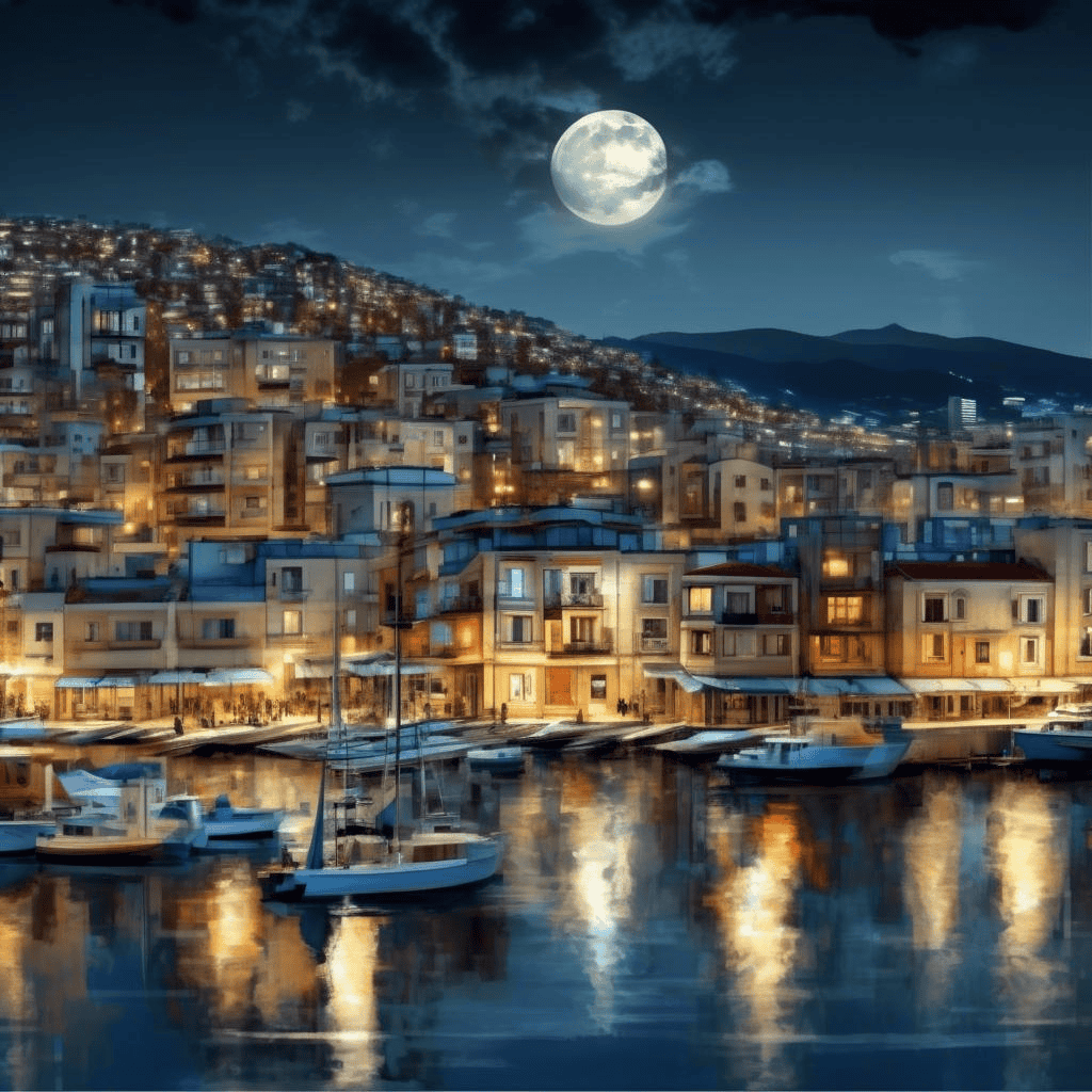 Moonlit harbour of Volos – Konstantinos Volanakis