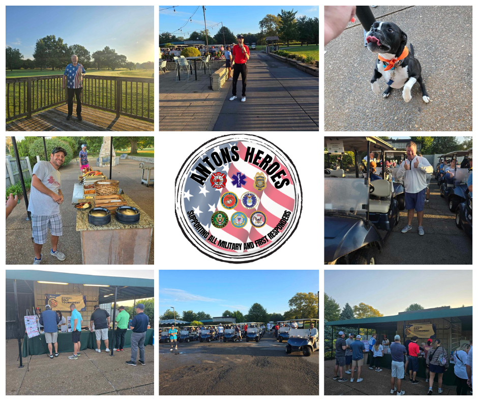 A collage shows people at a golf course event with food, golf carts, a dog, and an "Anton’s Heroes" logo celebrating the Hero Program that honors military and first responders.