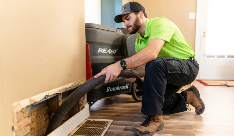 A HVAC technician in an Anton's shirt uses a vacuum hose to clean a vent in a residential wall during summer, with air duct cleaning equipment labeled "Beast" and "Rotobrush" visible, highlighting efficient service in St. Louis homes.