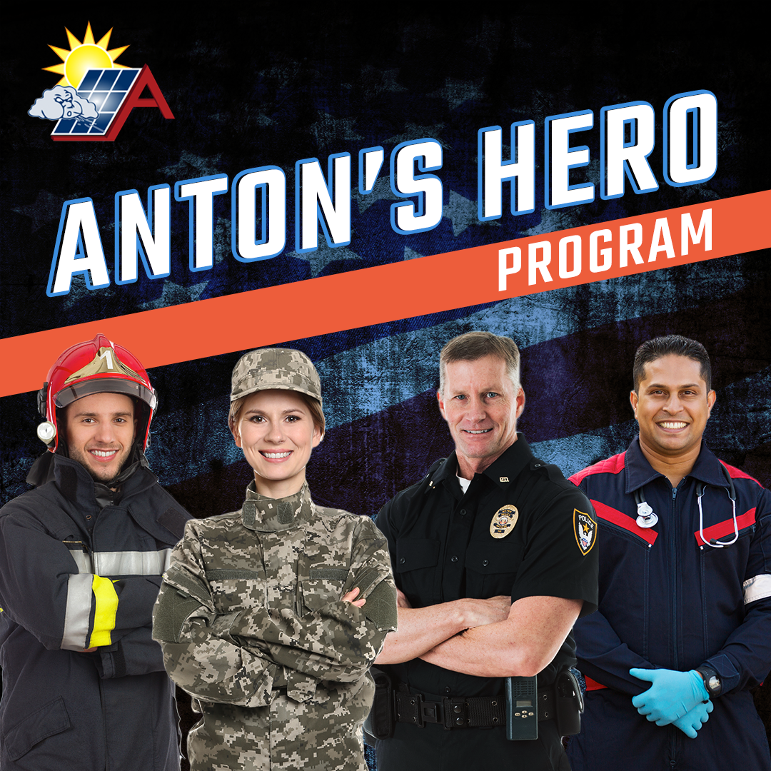 Four uniformed professionals—a firefighter, soldier, police officer, and paramedic—stand before a black background with the text “Anton Hero Program,” representing Anton’s commitment to honoring everyday heroes.