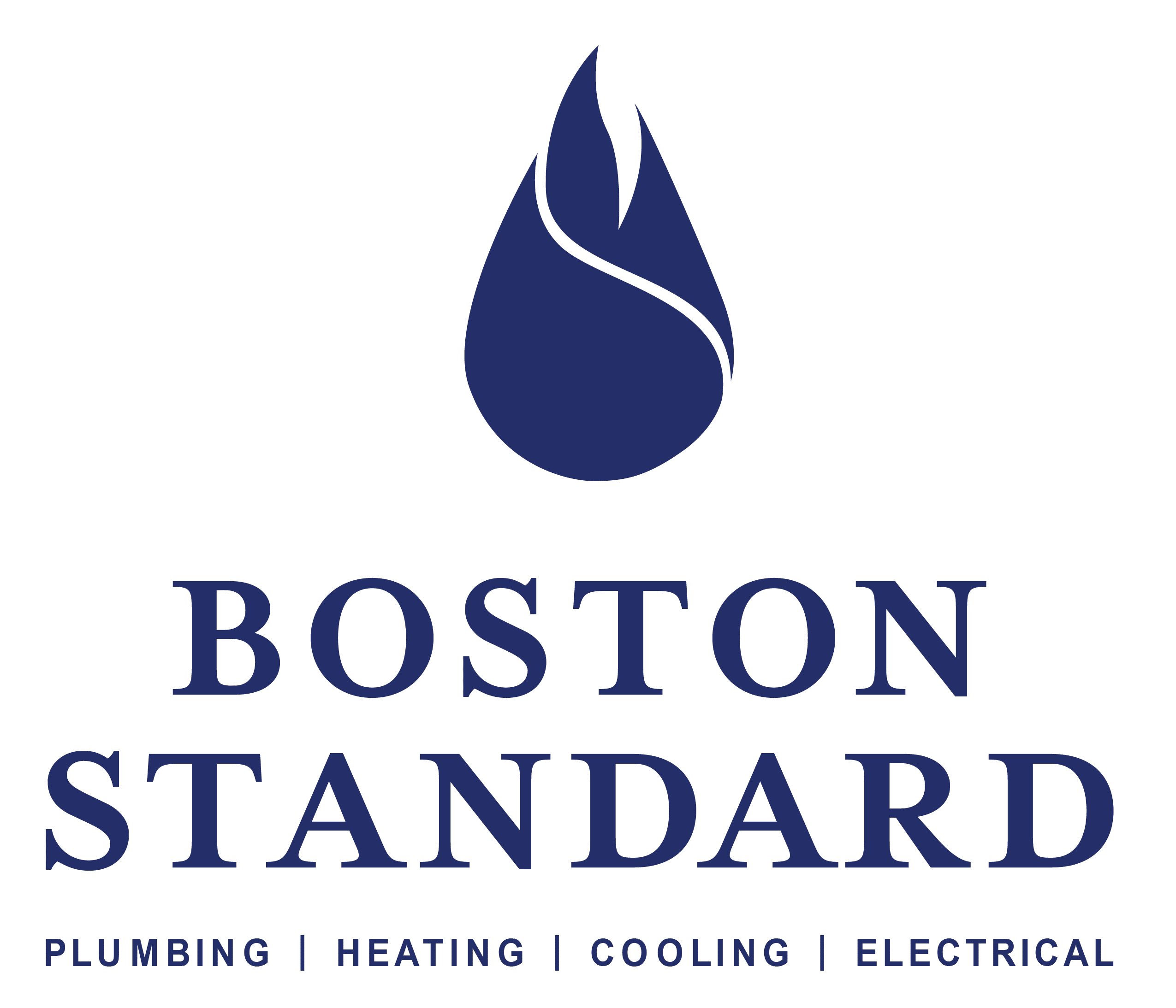 Logo for Boston Standard, featuring a blue flame and the words "Plumbing | Heating | Cooling | Electrical.