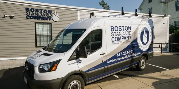A white van with the "Boston Standard Company" logo, specializing in heating repair, is parked outside a building with matching signage.
