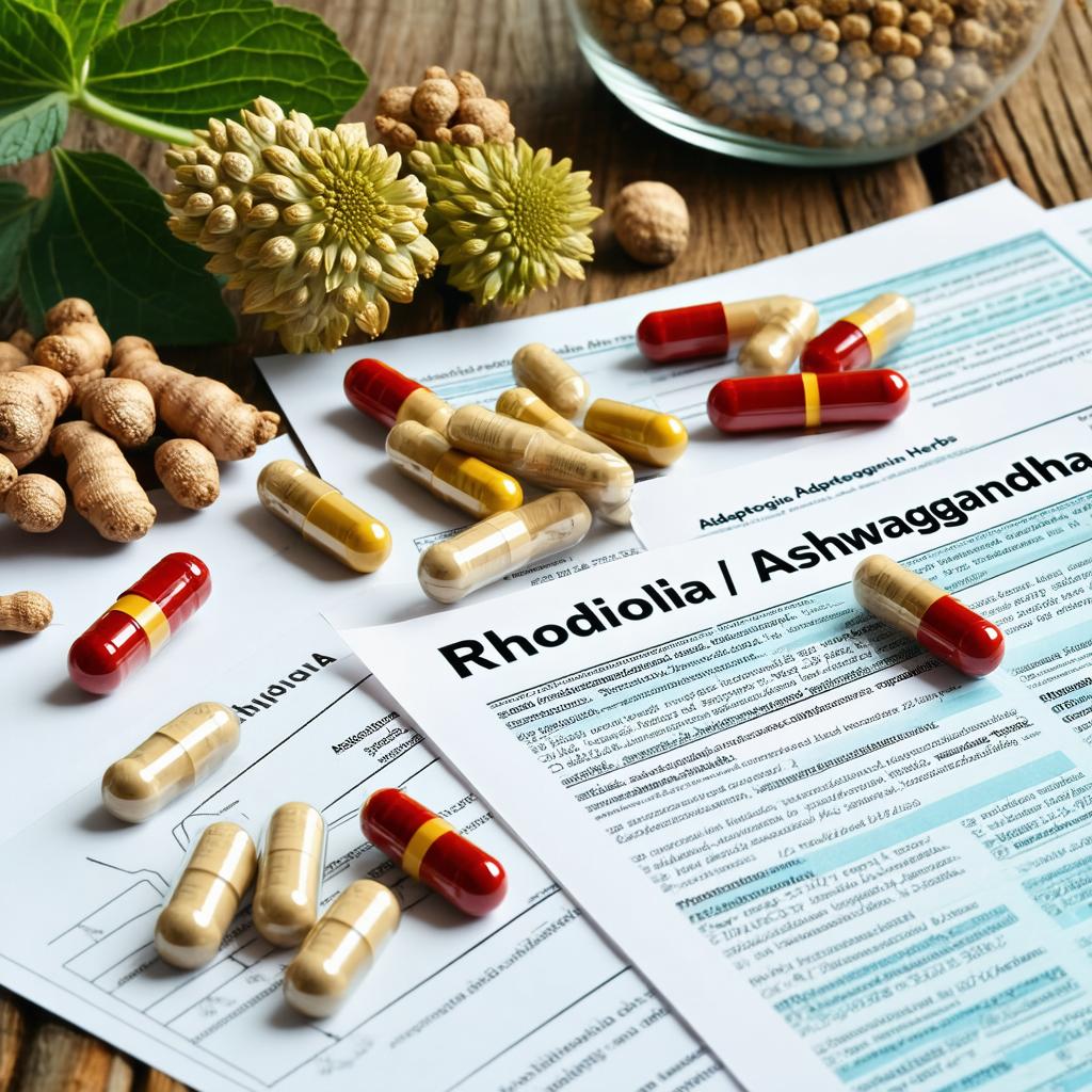 Bocaux d’herbes adaptogènes et capsules sur une table en bois, accompagnés d’articles scientifiques