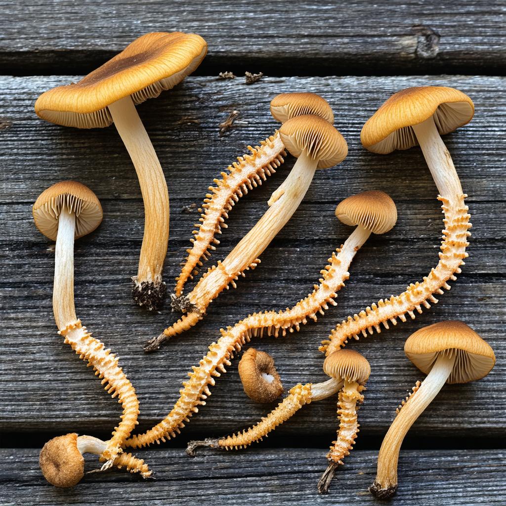 Photo réaliste de champignons cordyceps séchés sur une table en bois