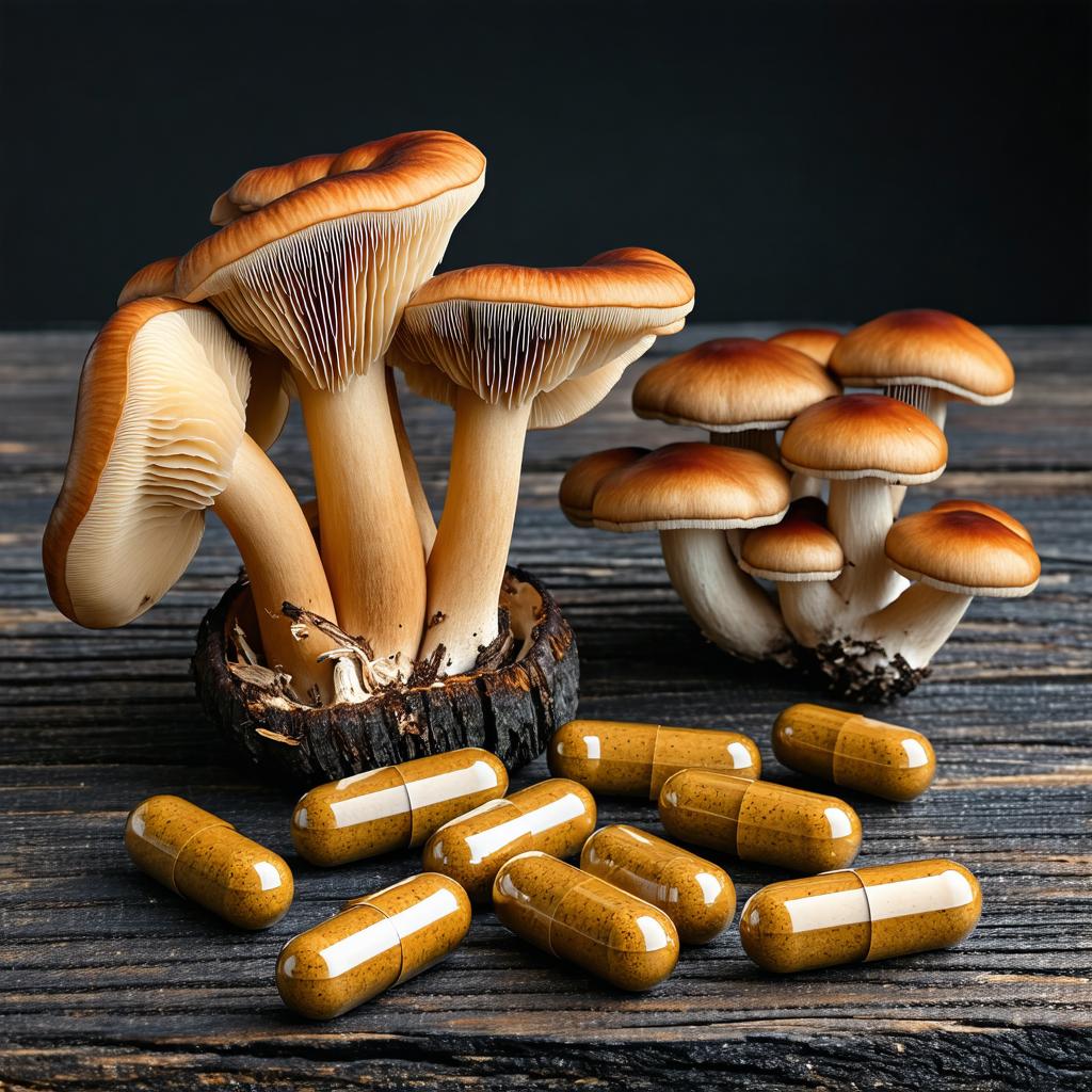 Capsules de Reishi posées à côté de champignons Ganoderma lucidum sur une table en bois