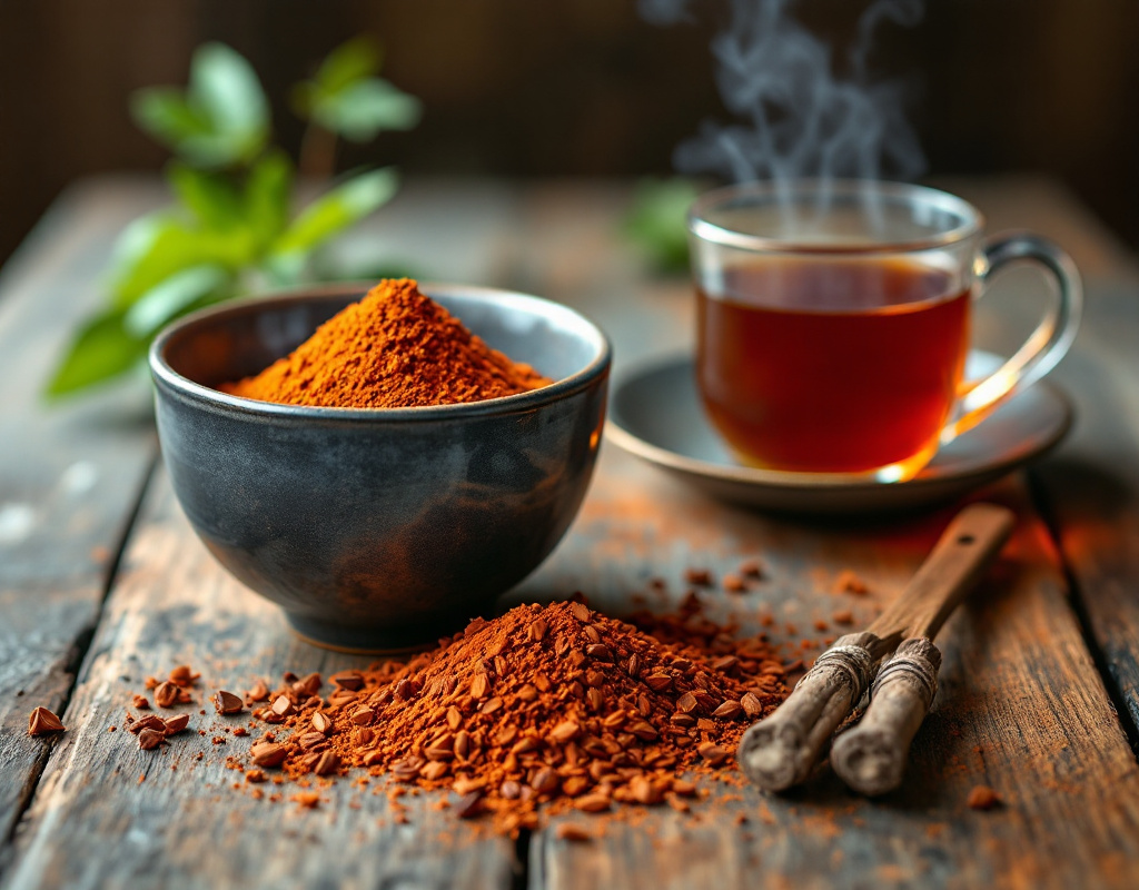Bol de poudre de Reishi avec une tasse de tisane fumante