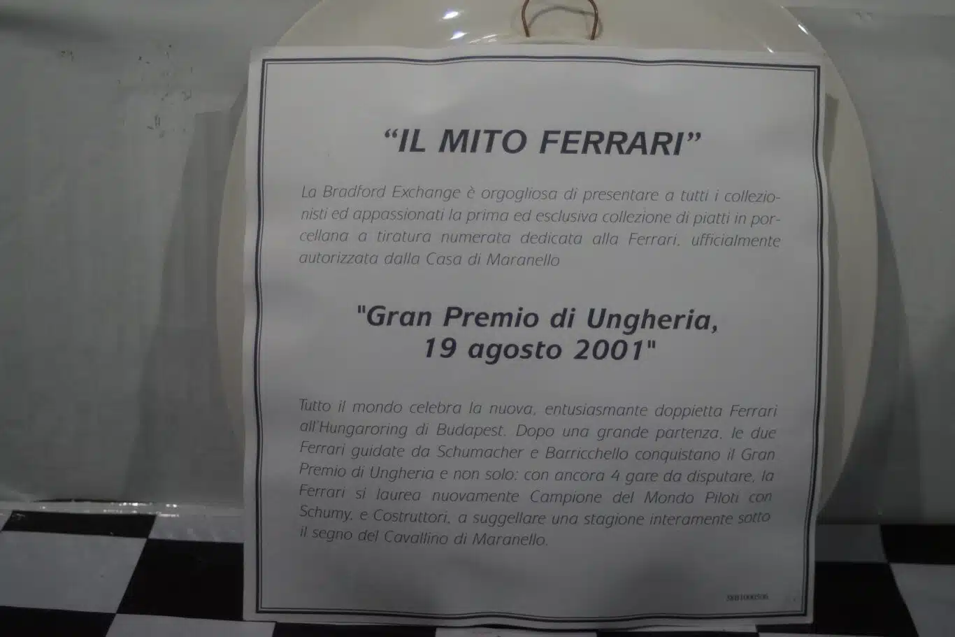 Bradford exchange gran premio di ungheria 2001 ferrari plate & certificate