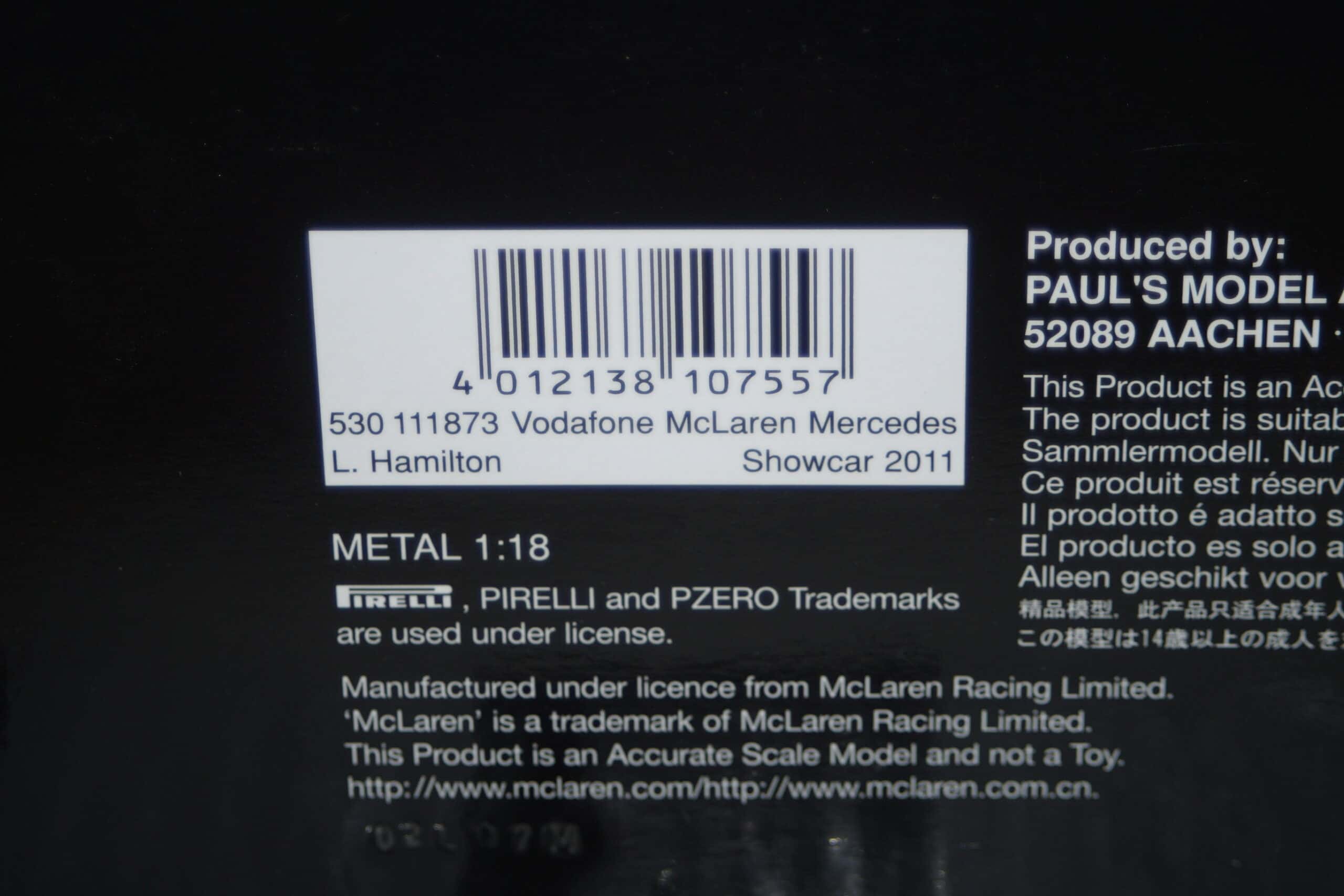 Minichamps mclaren mercedes l.hamilton f1 2011 showcar 530 111873 1:18