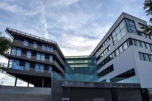 a modern commercial building with a flat roof
