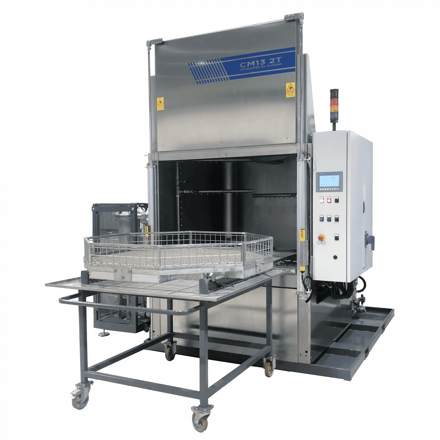 Metallreinigungsanlage CM 13 ist eine automatische Reinigungs- und Entfettungsanlage mit pneum. Hubtor und einem manuell herausfahrbaren Beschickungskorb
