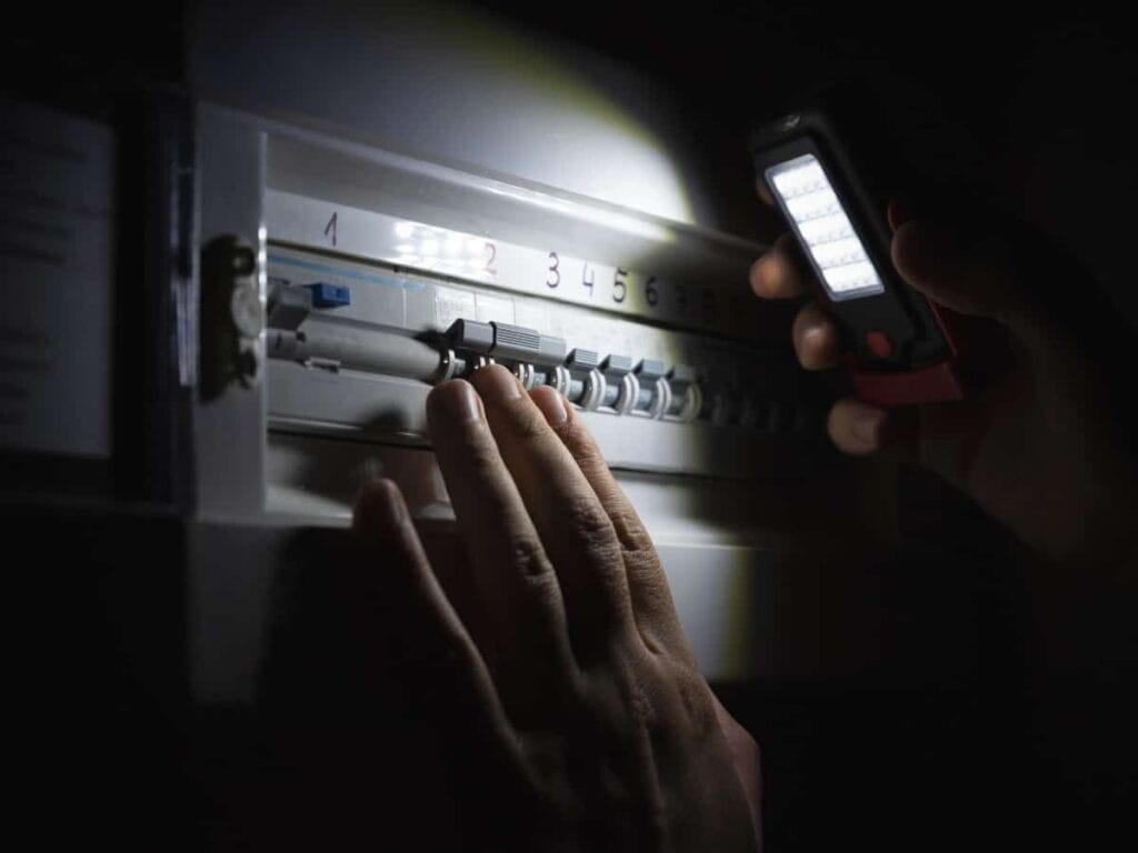 In a dimly lit environment, a person uses a flashlight to scrutinize the circuit breaker panel, searching for any signs of an electrical problem or tripping that needs attention.