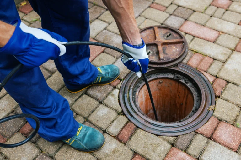 A worker in blue overalls employs a cable tool to clean a drain through an open manhole on a brick pathway, showcasing the efficiency of hydro jetting service.