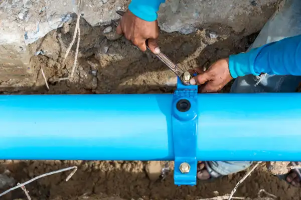 A person is engaged in a water line repair, skillfully using a wrench to work on a blue underground pipe secured with bolts, surrounded by dirt.
