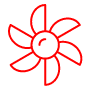 Red outline of a stylized, symmetrical flower with six petals on a black background.