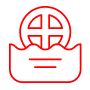 A red outline of a globe with a cross inside is set above a crown shape on a black background.