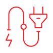 Red outline icon of a power plug connected to a cable with a lightning bolt symbol, on a black background.