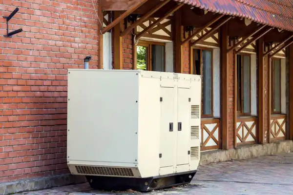 A large beige home generator is installed against a brick wall, adjacent to a building with wooden trim and a tile roof.