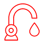 Red outline of a faucet with a single droplet falling from it against a black background.