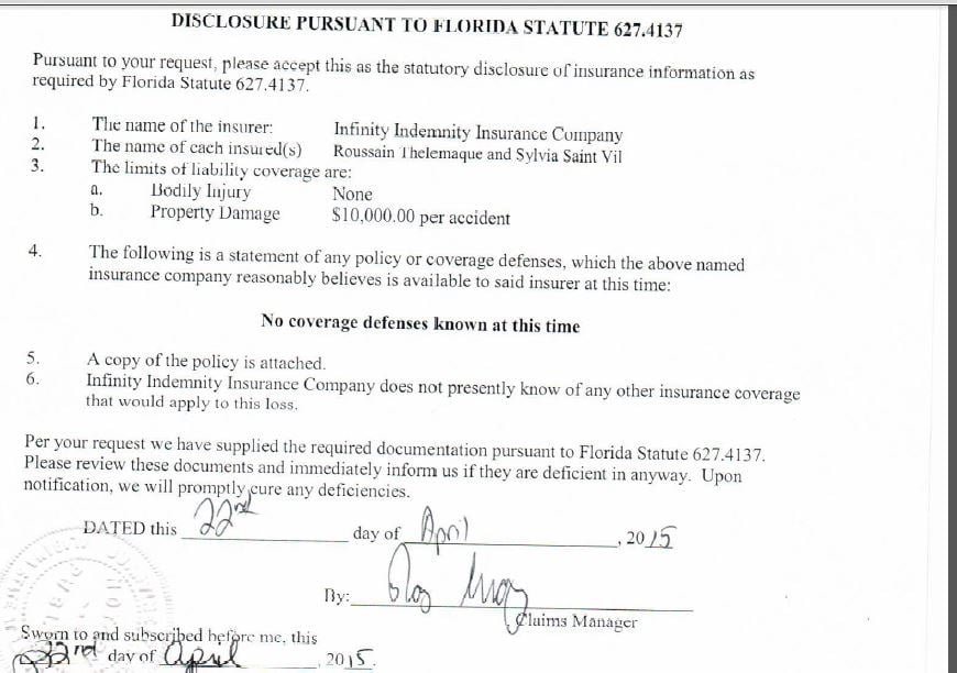 Infinity insurance disclosure in Florida car accident injury case
