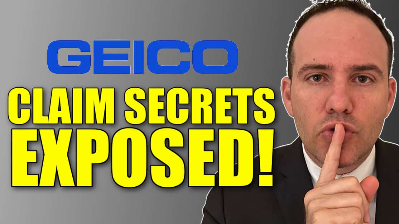 Personal injury lawyer Justin Ziegler holding a finger to his lips in a "shh" gesture, beside bold yellow text that says "CLAIM SECRETS EXPOSED!" with the GEICO logo above